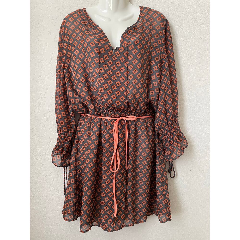 Umgee Women's Dress Orange & Gray Geometric Design Elastic Waist W/ Tie Size LG